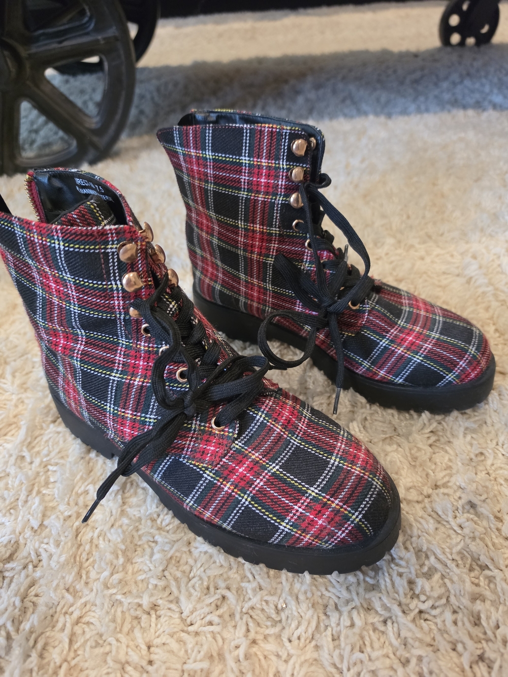 Plaid Lace-Up Boot - Red/Black